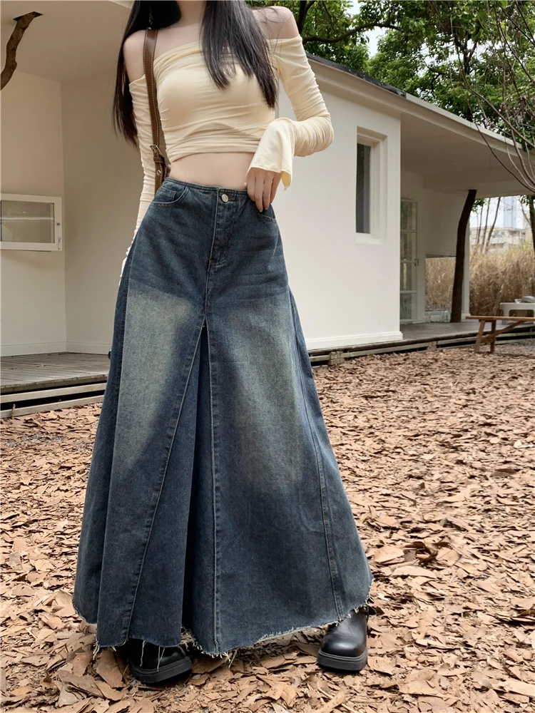 

Women's Patchwork Design Retro Blue Denim Ankle-length Skirt High Waist Straight Casual Street Fashion Female Loose A-line Skirt