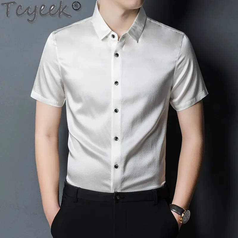 

Tcyeek 2023 Light Mens Shirts Summer Short Sleeve Tops Male Casual 92.4% Mulberry Real Silk Blouse Men Clothing Blusa Masculina
