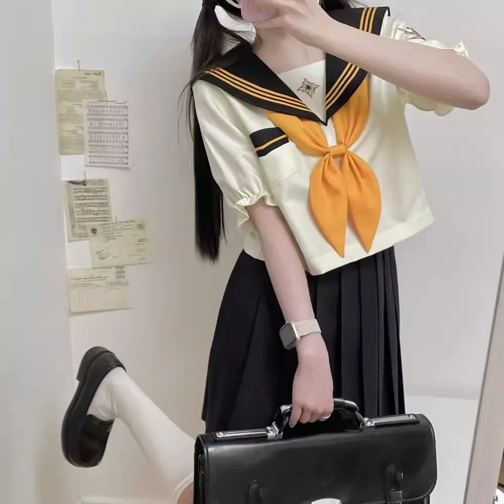 

High School Student Sailor Outfit Japanese Seifuku Sailor Suit Korean Jk School Uniform Women Short Sleeves Black Leated Skirt