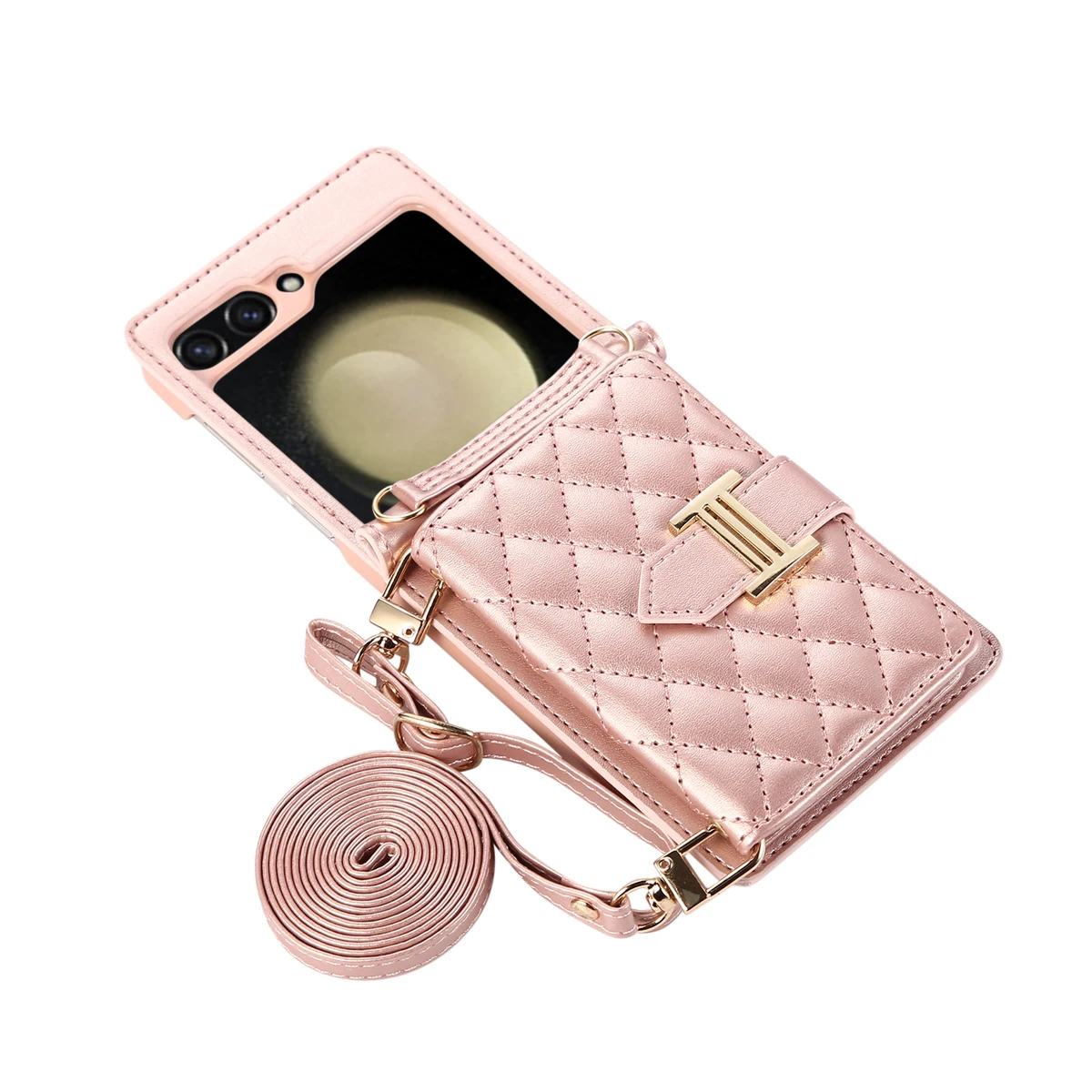 Crossbody Cards Slot Wallet Leather Case for Samsung Galaxy Z Flip 8 7 FE 6 5 4 3 Flip6 5G Lanyard Diamond Embossing Strap Cover — view 4