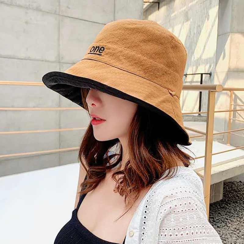 Cotton Double-Sided Letter Embroidery Fisherman Hat For Women Outdoor Fishing Cap Casual Panama Bucket Cap Sunscreen Sun Cap frog bucket hat