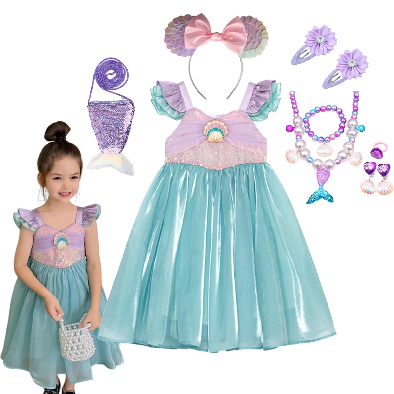 

Little Mermaid Dress Girl Ariel Princess Dress Kids Halloween Fancy Costume Children Carnival Birthday Party Clothes Up Sets