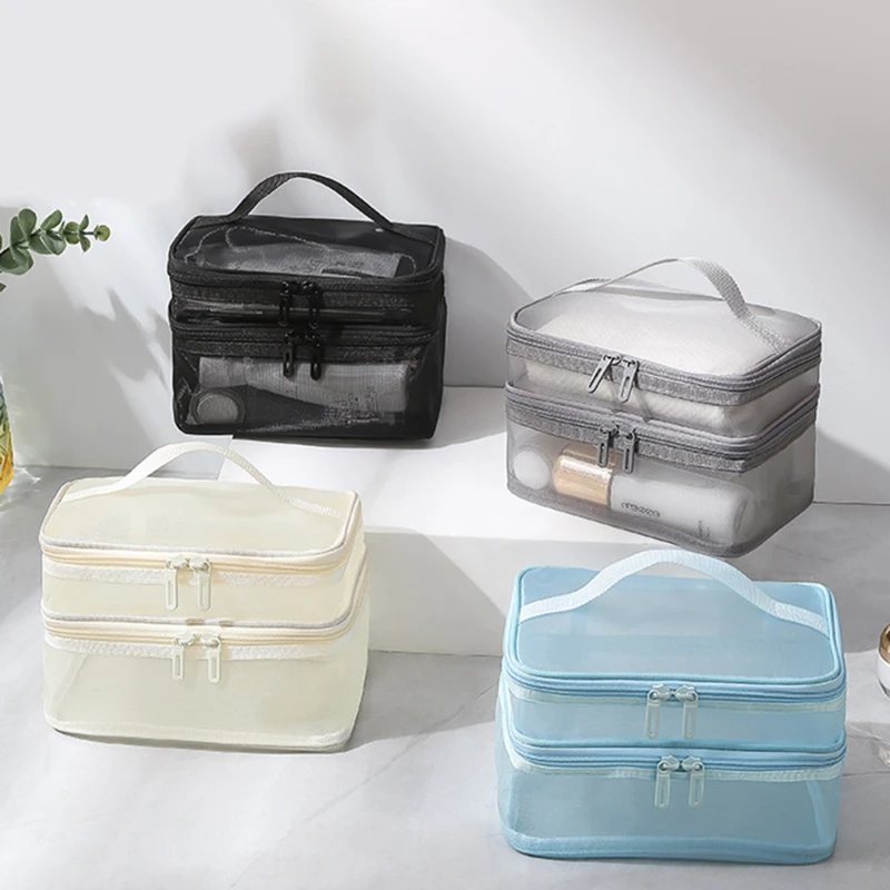 2024 Double-Layer Travel Cosmetic Organizer Bag – Transparent Folding Mesh Zipper Pouch with Large Capacity for Makeup and Wash Kits Bags & Storage Items Beach bags