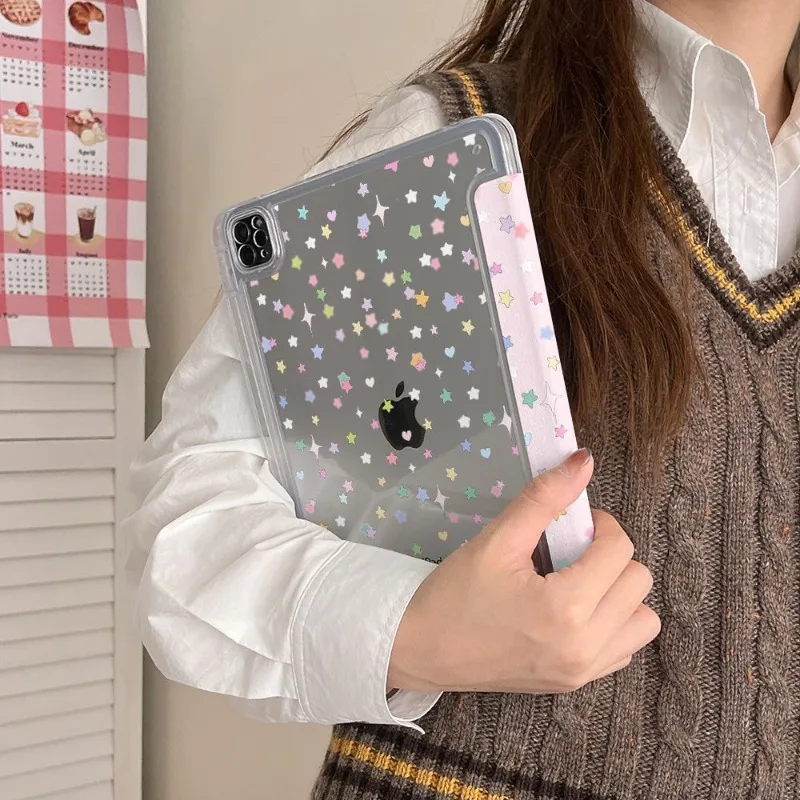 Enhanced Smart Case with Pen Holder - Pink Stars Design