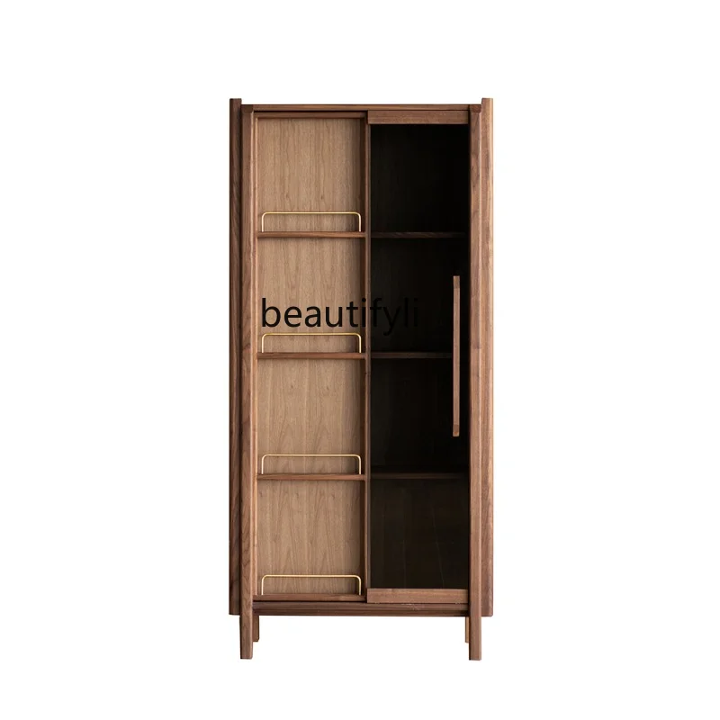 

Books and Newspapers Display Cabinet Nordic Black Walnut Solid Wood Bookshelf Floor Silent Wind with Light Glass with Door
