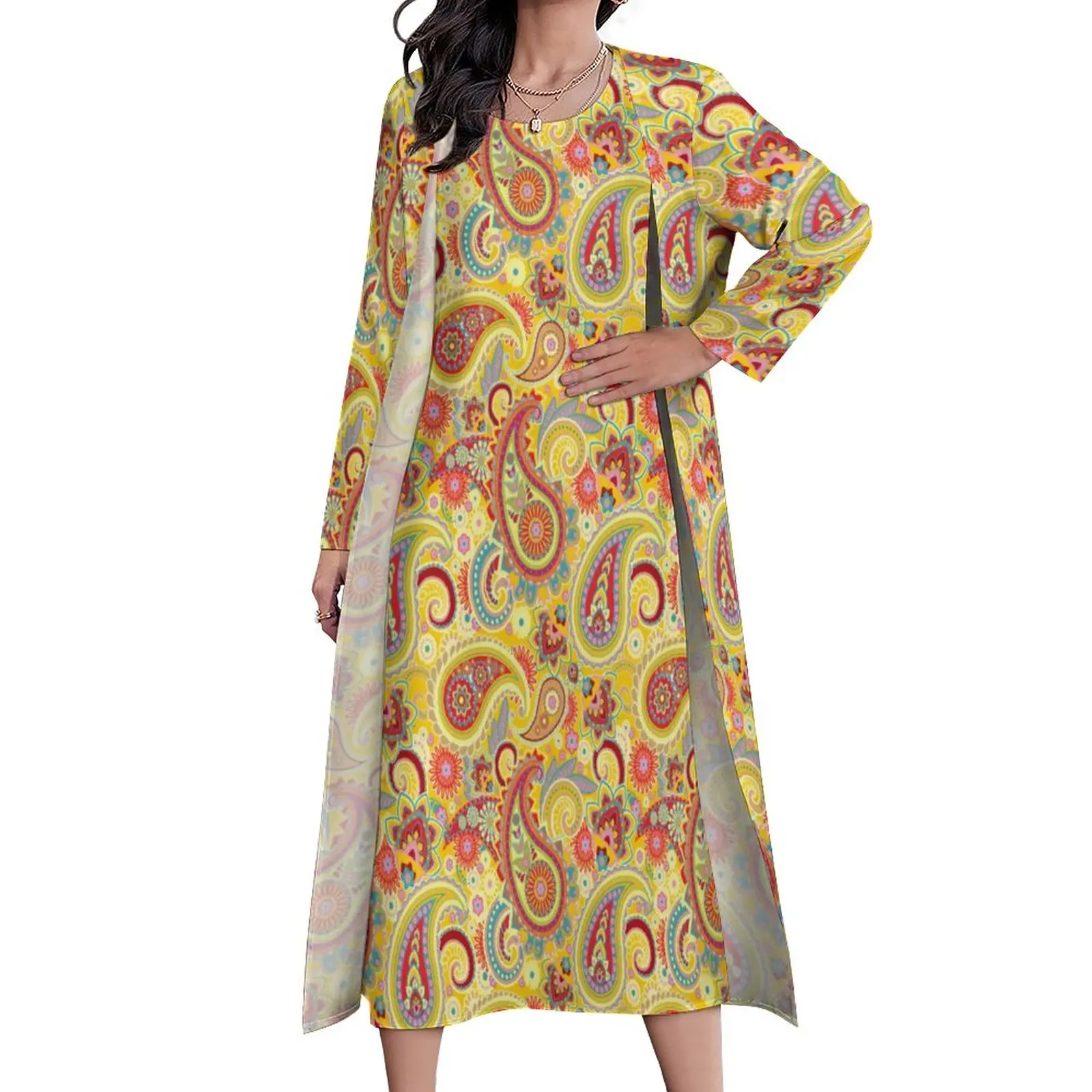 

Yellow Retro Paisley Dress Trippy Hippy Print Party Maxi Dress Street Style Boho Beach Long Dresses Two-Piece Design Clothes