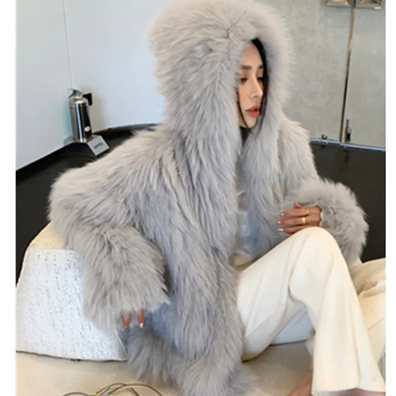 Chinese Fur  Encryption Double-Sided Woven Natural LUCKY Fox beizru Fur Coat Women's Hooded Big White Bear Young Furry Coat