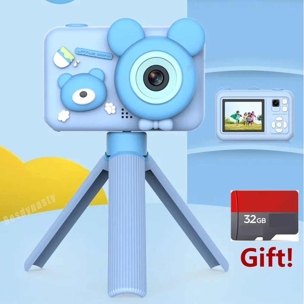 New Bear Kids Digital camera cartoon with Tripod Micro Toy lanyard Children Selfie Portable Toddler Video Holiday Gifts