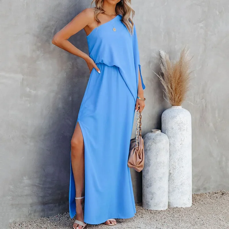 

Girls Summer Blue Long Slit Dress Sexy Elegant Party Wear Slanted Neck Off Shoulder Light Loose Dresses Party Wear Pink Outfits