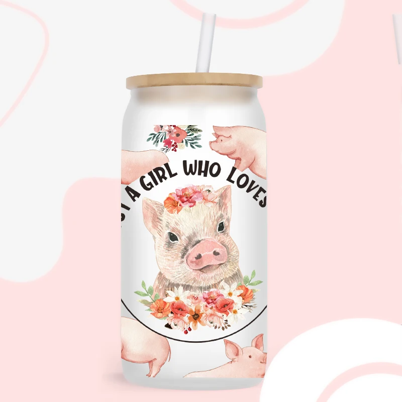 UV DTF Cats, cows, pigs Transfer Happy Juice Printed Sticker For The 16oz Libbey Glasses Wraps Bottles D3206