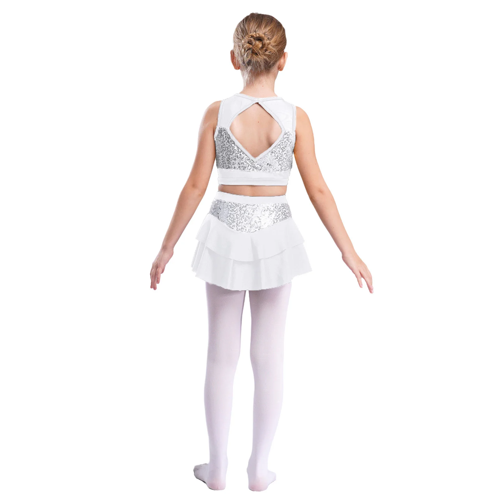 Kinder Mädchen Cheerleading Uniform Cheerleader Ballett Jazz Dance Performance Kostüm Glänzende Pailletten Crop Top mit Stufenrock für – Detail 3