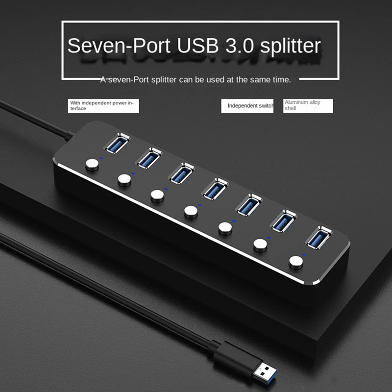 

USB 3.0 Power Adapter 7 Ports Aluminum Alloy Splitter Hub USB Hub 3.0 USB Multi Extender Switch 1.2M Cable Hub