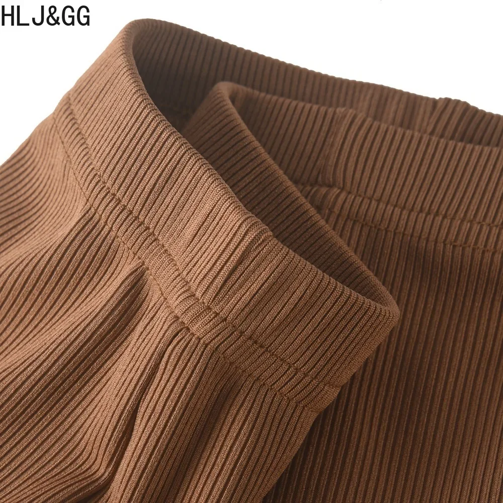 HLJ&GG Autumn Casual Solid Ribber Wide Leg Pants Tracksuits Women Round Neck Long Sleeve Top+Pants Two Piece Sets Female Outfits