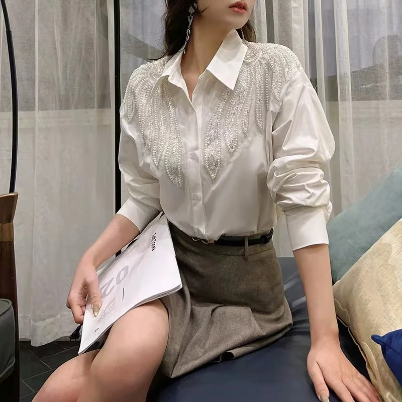 Beaded Sequined Stitch White Blouses Shirts Women 2024