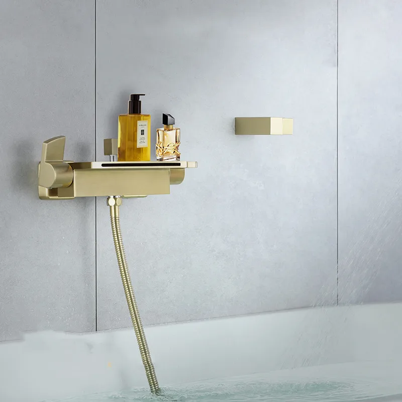 Bathtub Shower Set Wall Mounted Bathroom Double Handle Brush Gold Waterfall Bathtub Faucet Solid Brass Casted Water Saving 3