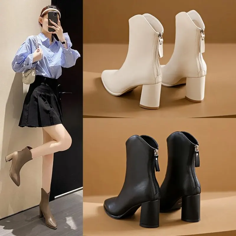 Ankle Boots for Women's Thick Heel Spring Summer Autumn Single Boots 2023 New Pointed High Heels 7CM Nude Shoes Mid-heel Fashion