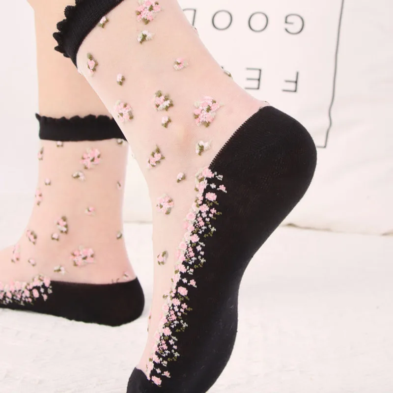 5 Pairs Women Sexy Mesh Floral Short Casual Socks Cute Ladies Transparent Summer Ultra Thin Socks Streetwear Crew Socks 3