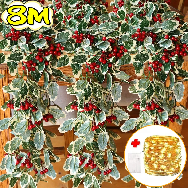 Artificial Red Berry Vine Ratta Christmas Garland Holly Leaves with ...