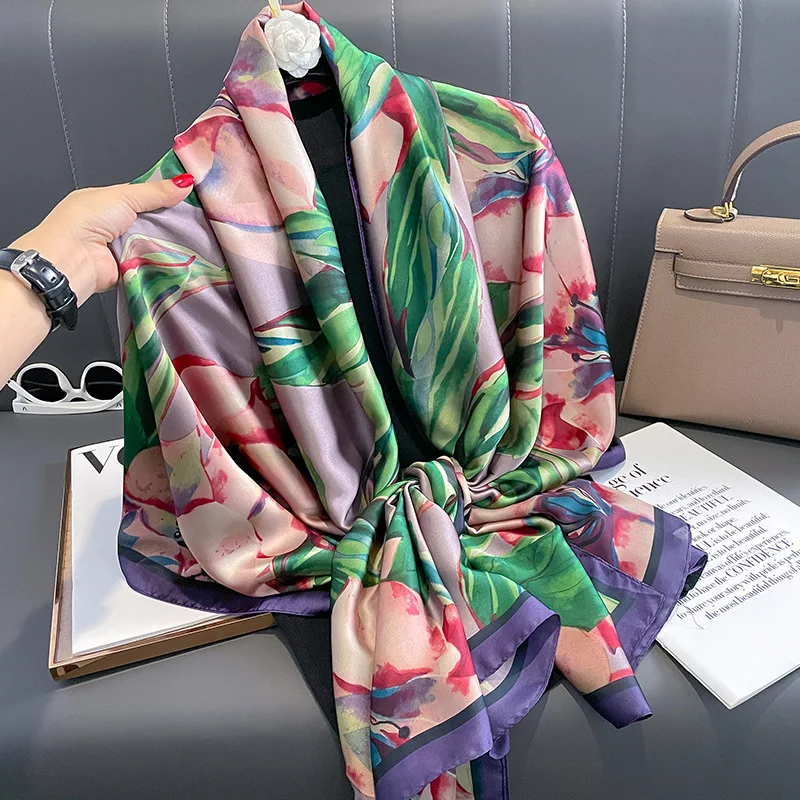 

Women Fashion Print Silk Scarf Luxury Brand Warm 180X90CM Scarves Popular Lrage Satin Finish Shawl The Four Seasons Design Hijab