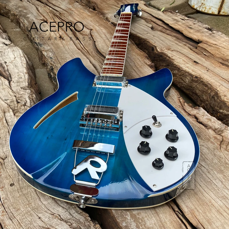 

360 Electric Guitar, Blue Color Semi Hollow Body, R Shaped Tailpiece, Rosewood Fingerboard, High Quality 6 String Guitarra