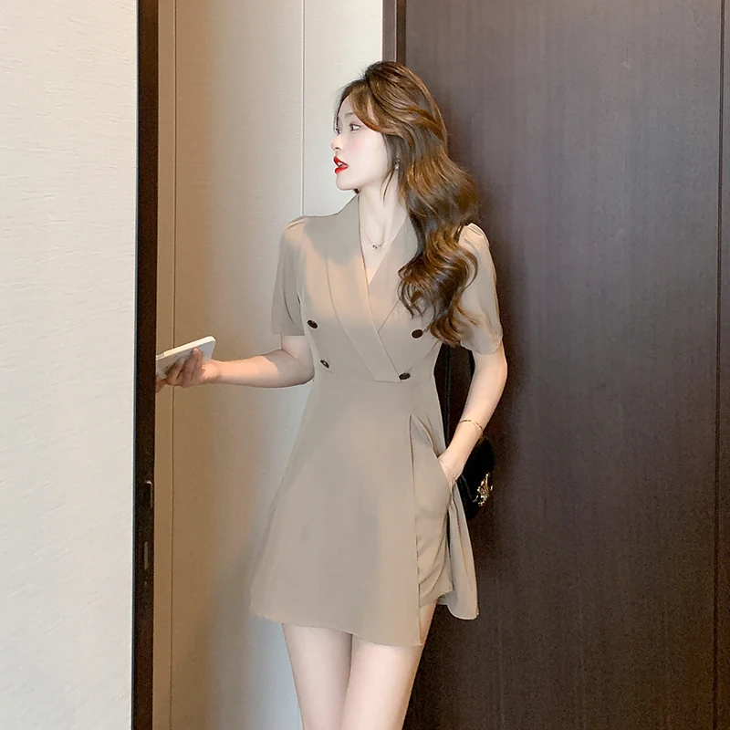 Real Photo Summer New Short Blazer Dress Outfits Bodycon Double Breasted Split Dress And Shorts Two-Piece Set Suits Female 2024 [fila]double weve shorts