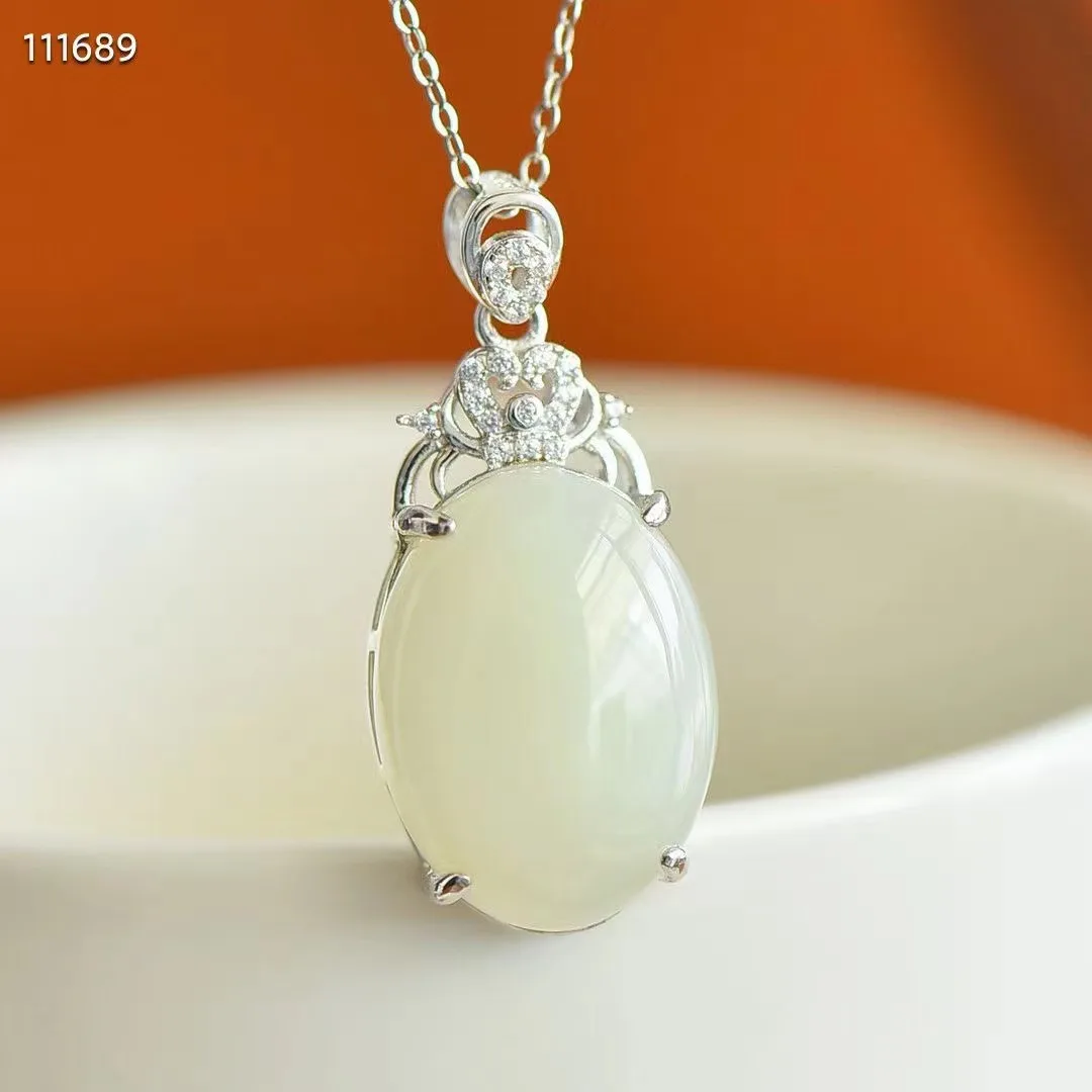 

Natural 100% real Sterling Silver necklace mosaic hetian jade time-honored methods pendant jewellery for woman gifts Bless peace