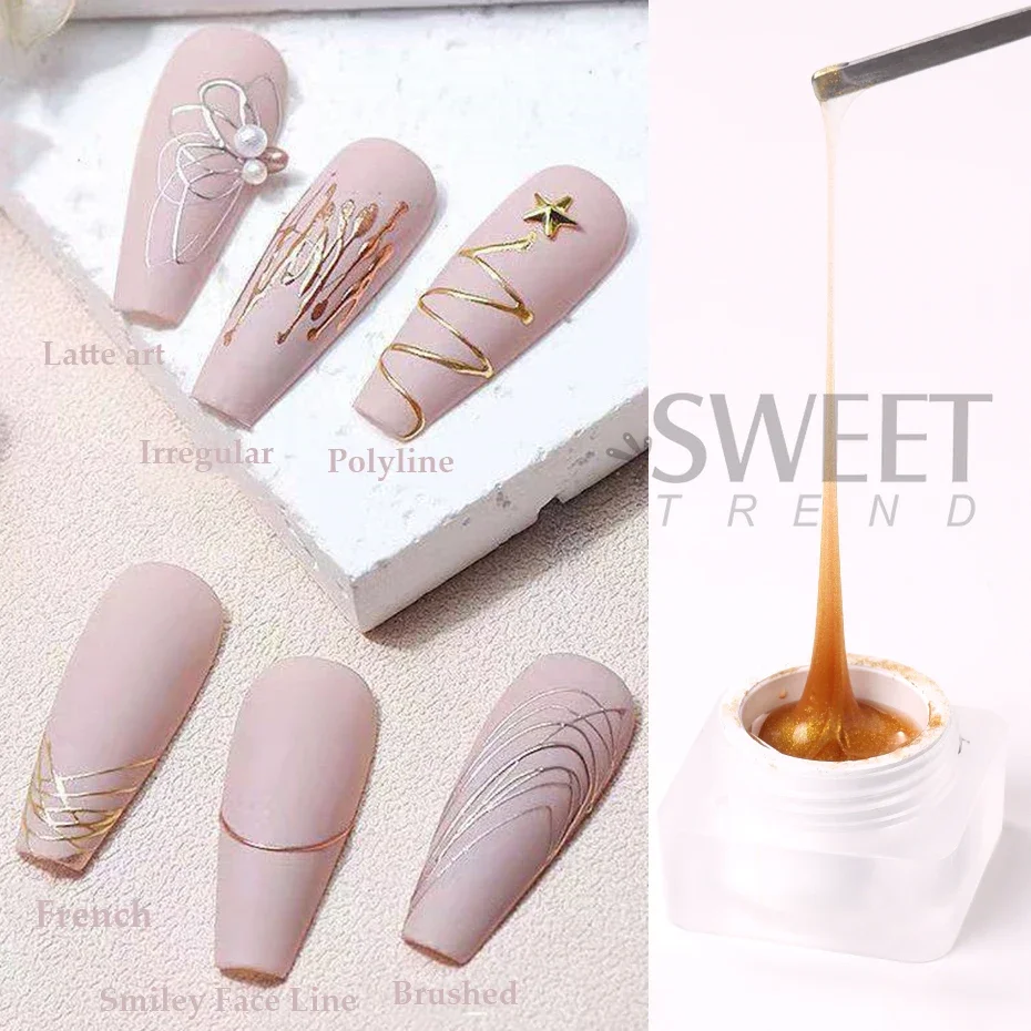 6pcs Semi Solid Metallic Line Gel Nail Polish Gold Spider Wire Glue DIY Stripe Flower Drawing Painting French Manicure Varnish