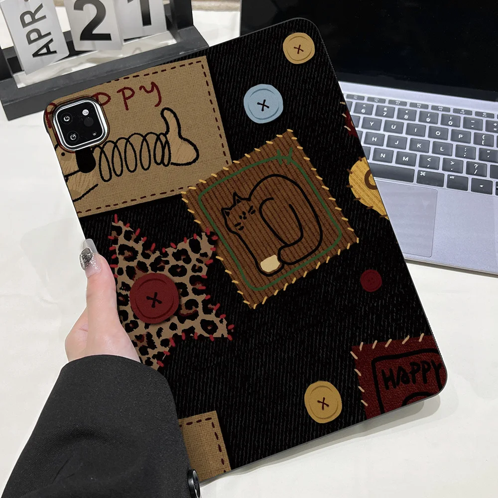 Matte Finish Patchwork Denim Cat Leopard Tablet Case
