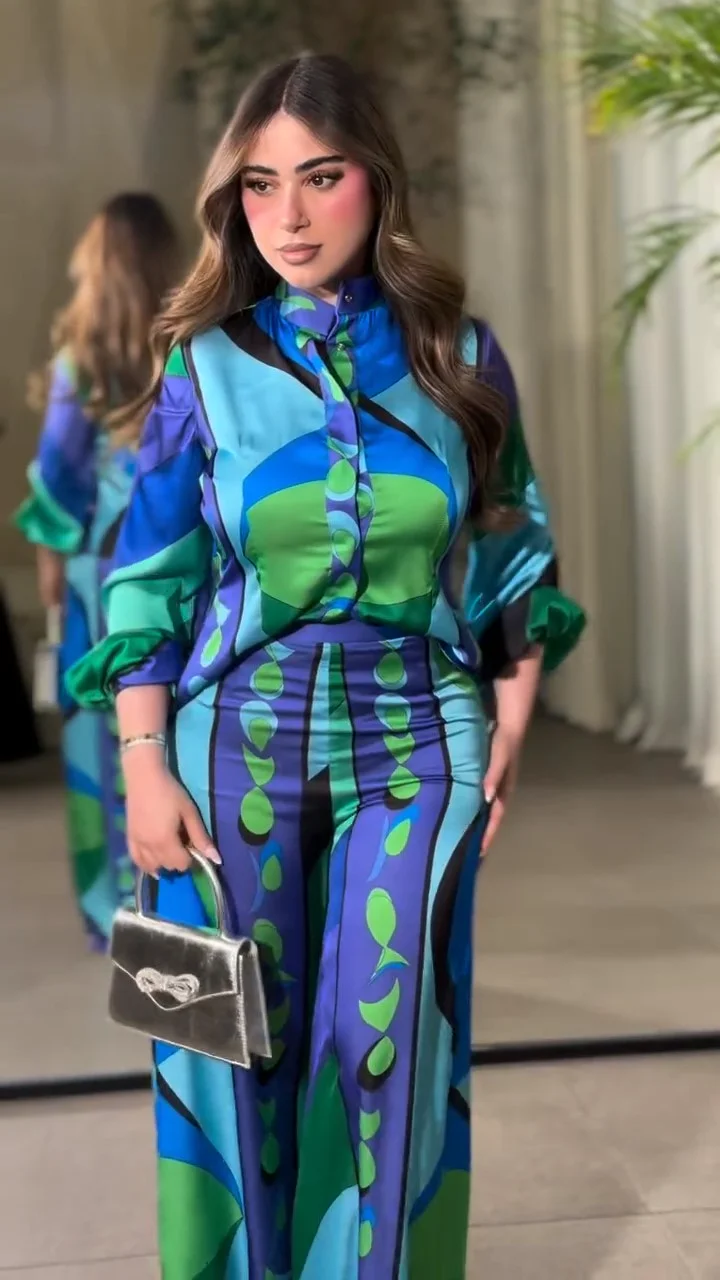 Satin Shirt Wide Leg Pant Set High Neck Button-Down Blouse 2026Spring Summer Retro Inspired Office Workwear Vacation Lady Outfit