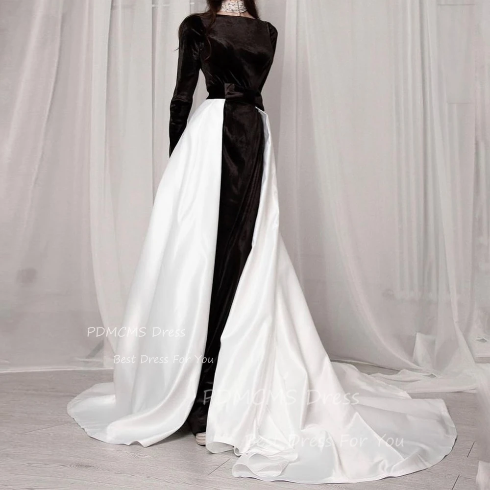 

Modern Black Velvet White Satin O Neck Party Dress Formal Bridal Prom Evening Dresses vestidos de gala Sexy Bow Detachable Train
