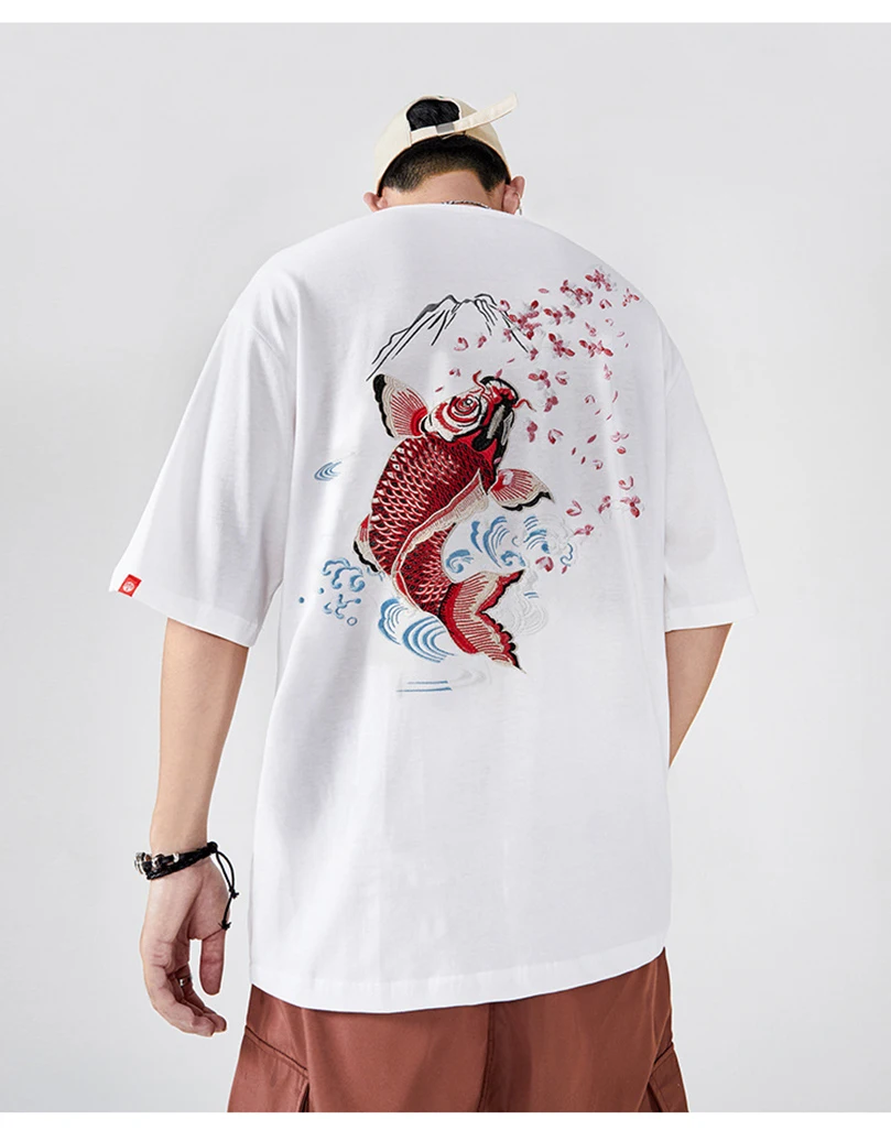 Herren Brokat Karpfen-Stickerei Kurzarm-T-Shirt Sommer Marken-Baumwolle Übergroßes T-Shirt Männliches Oberteil Kleidung 2024 Z1A1 – Detail 4