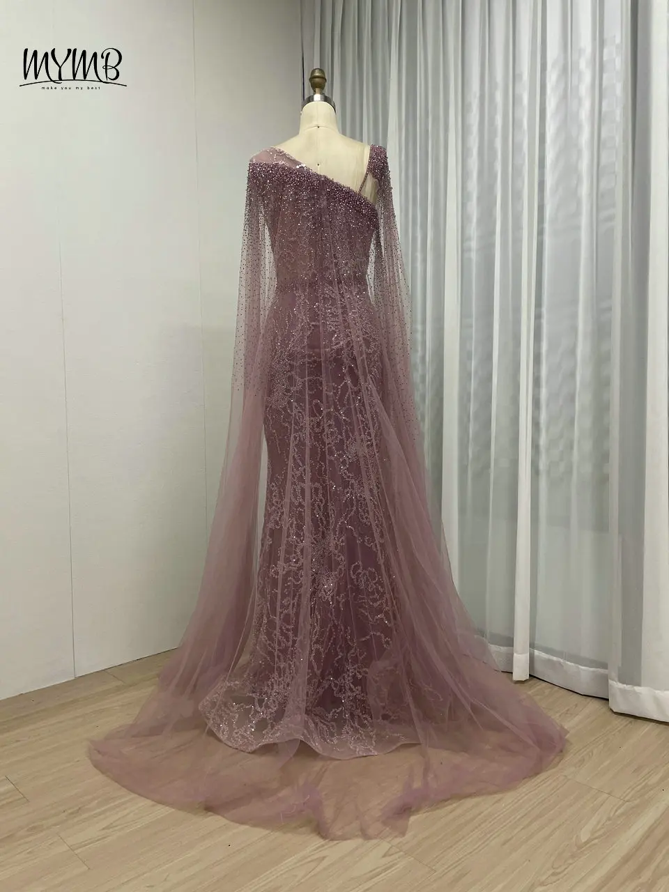 Mymb Luxus arabische Meerjungfrau Seite Schlitz rosa Abend party Kleid für besondere Ereignisse schöne Umhang Ärmel Perlen Hochzeit Gast kleid – Detail 9