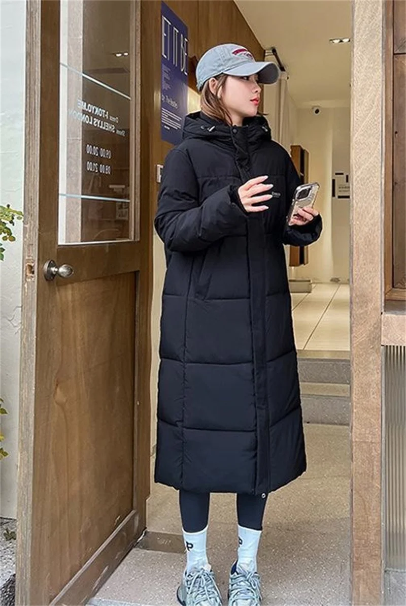 2025 Solid Long Down Parka Women with Hood Cotton Padded Jacket Winter Overcoat Fashion Thicken Warm Puffer Coat Female