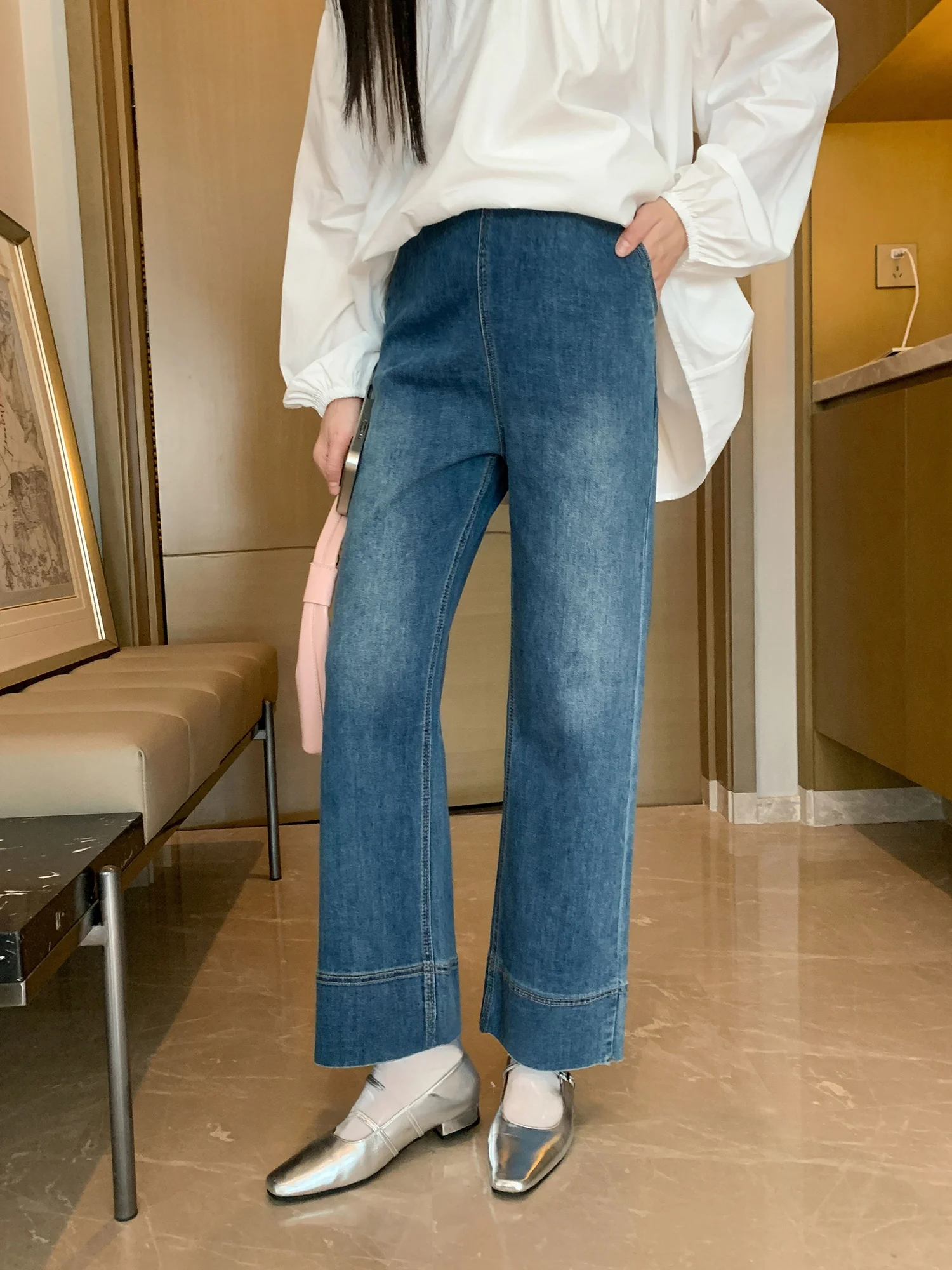 AMUM 출산용 청바지 신축성 있는 와이드 레그 스트레이트 레그 팬츠 배꼽 지지대 없음 임산부를 위한 조절 가능한 슬리밍 데님 바지