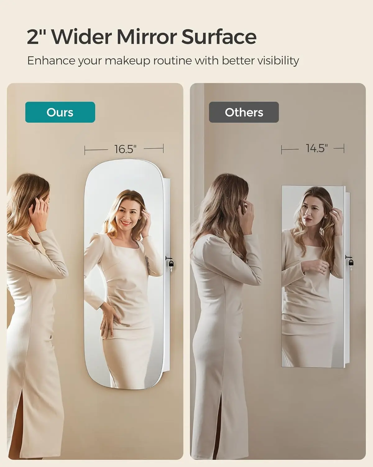 Jewelry Organizer, LED Jewelry Cabinet Wall or Door Mounted, Lockable Rounded Wide Mirror with Storage, Interior Mirror, 3.9 x 1