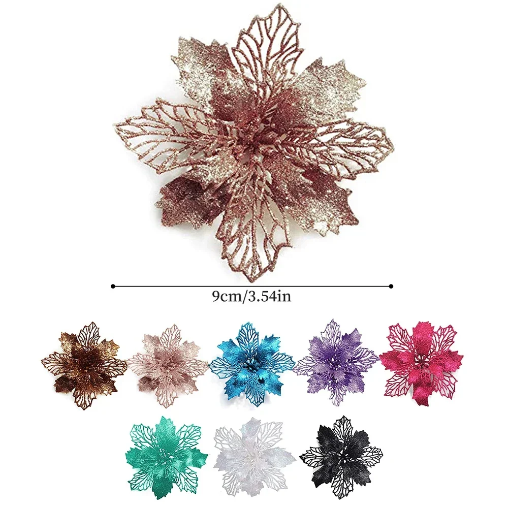5Pcs 9cm Glitter Artificial Christmas Flowers Xmas Tree Ornaments Merry Christmas Decorations for Home New Year Gift Navidad