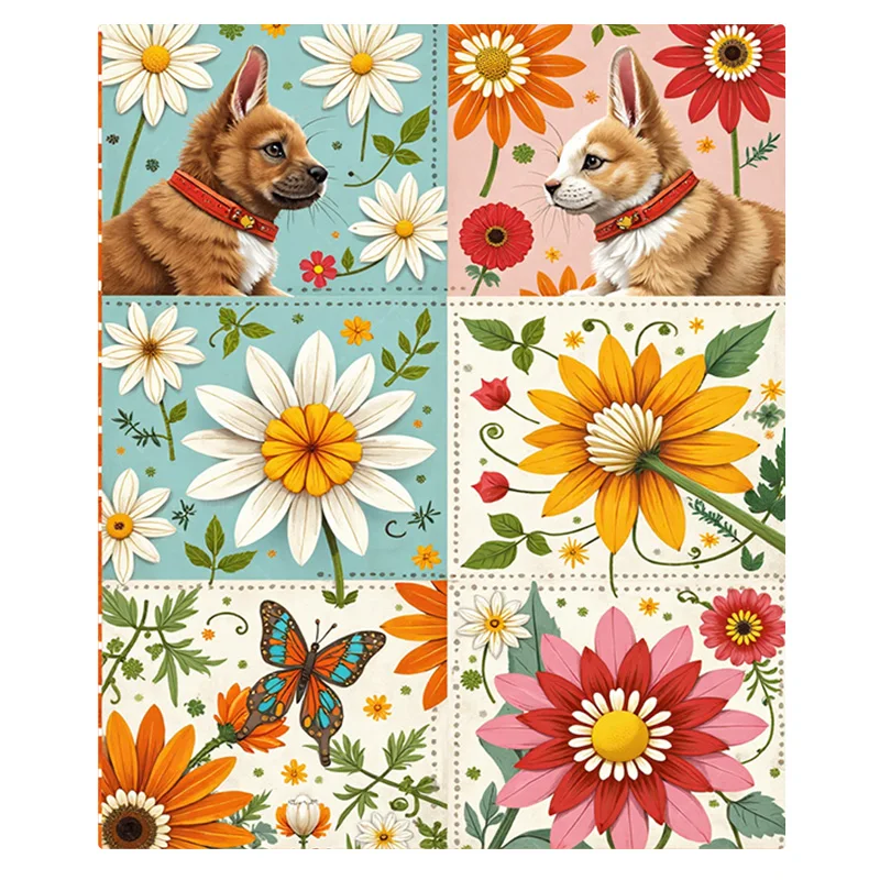 Charming Corgi Floral Patchwork Flannel Blanket