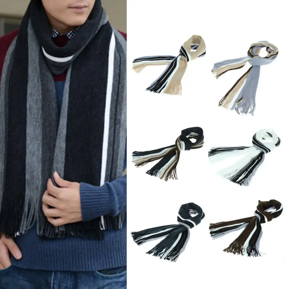 

Thermal Male Scarf Wide Stripe Cozy Men Scarf Windproof Long Scarf Streetwear