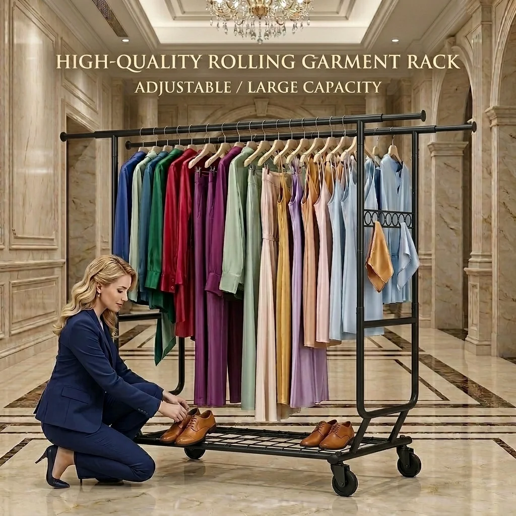 Hochwertiger Kleiderständer mit 4 Zoll 360°-Drehfunktion ° Verstellbare Rollen, Höhen- und Breitenverstellbarer Doppelstangen-Kleiderschrank-Organizer mit Metallregalen – Detail 6