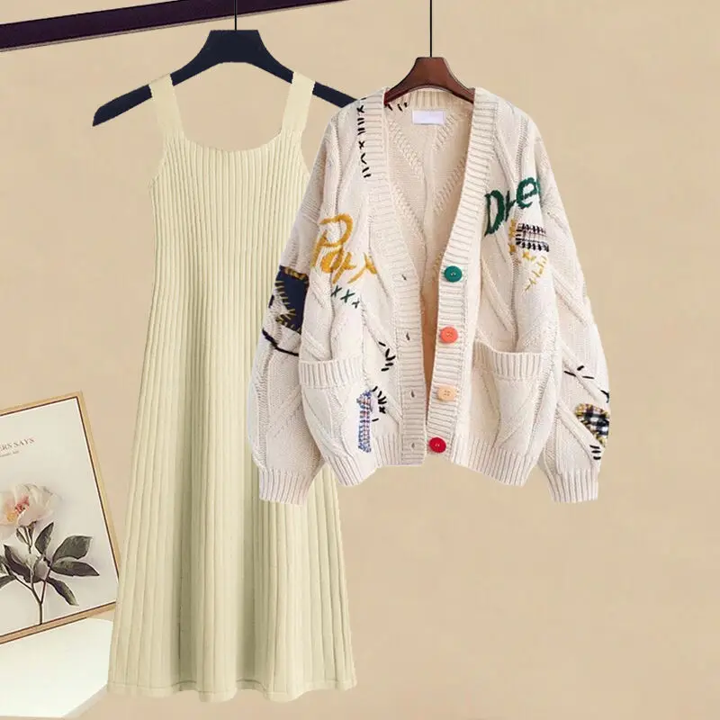 Spring and Autumn Set Women's 2023 New Korean Versatile Knitted Sweater Casual Strap Dress Two Piece Set Fashion