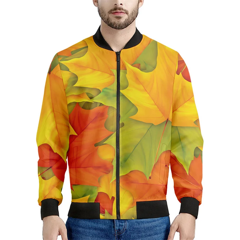 thumbnail image 1 of Chaqueta bomber con estampado de hojas de arce de Canadá para hombre, sudadera de manga larga en 3D, chaqueta bomber con cremallera de gran tamaño y estilo urbano, 1 of 4