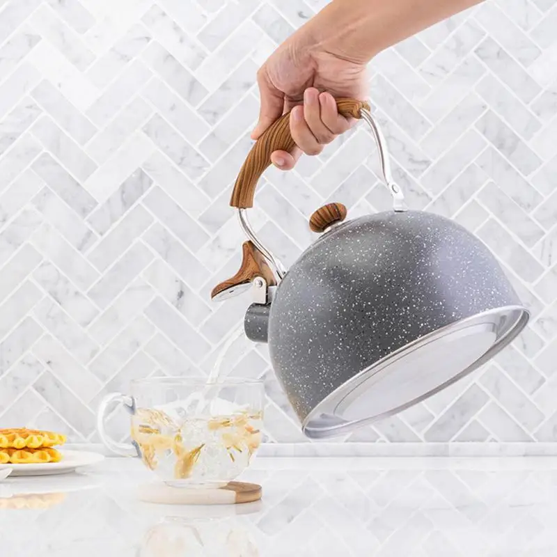 Fancy Stainless Steel Whistling Tea Kettle Wooden Handle Whistle Tea Pot Classic Water Boiler For All Stovetops Mint Green