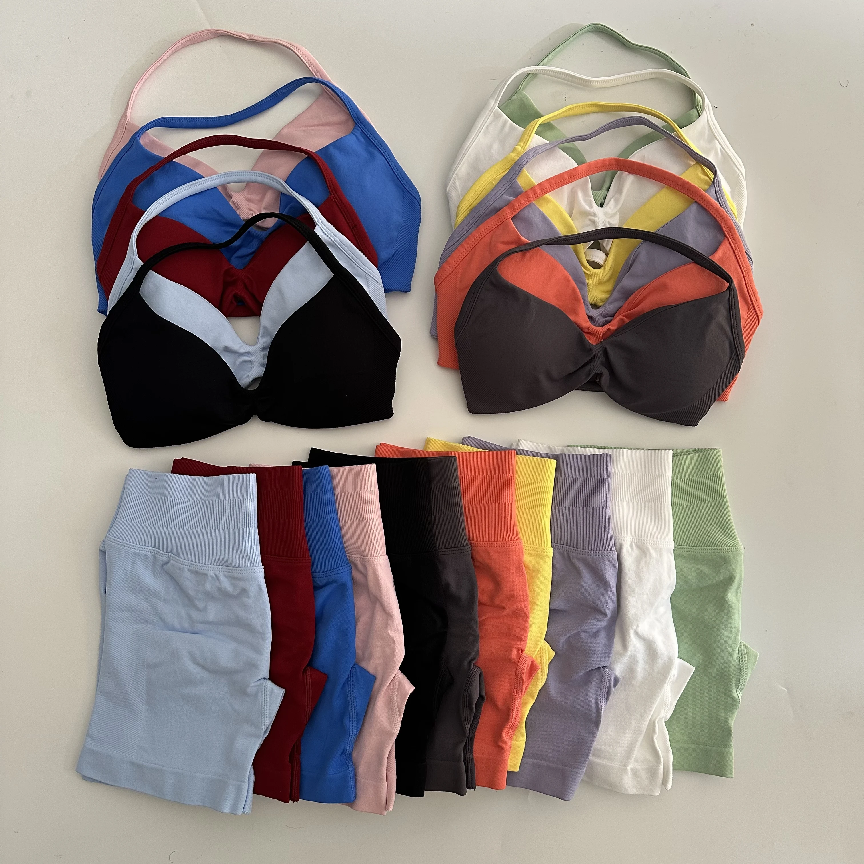 2PCS Impact Gym Set Women Strappy Yoga Bra Top High Waist Workout Scrunch Shorts Sports Suit Seamless Yoga Set Fitness Clothes 2