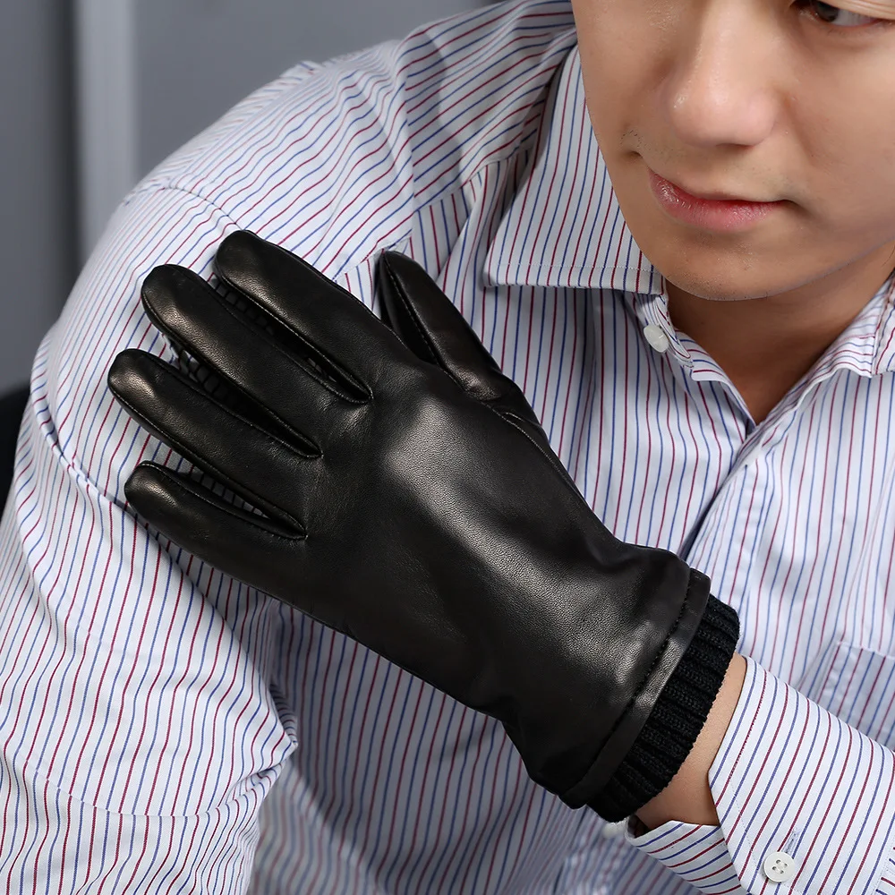 

Real Leather Men Gloves Fashion Basic Autumn Winter Plus Velvet Thicken Sheepskin Driving Gloves Male DQ9108