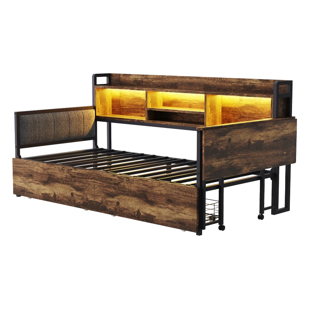 Schlafsofa aus Eisen, 90 x 200 cm, mit LED-Beleuchtung, Stauraum, mit Schubladen und Multifunktionssteckdose, ausklappbarer Schreibtisch, weiche Rückenlehne – Detail 32