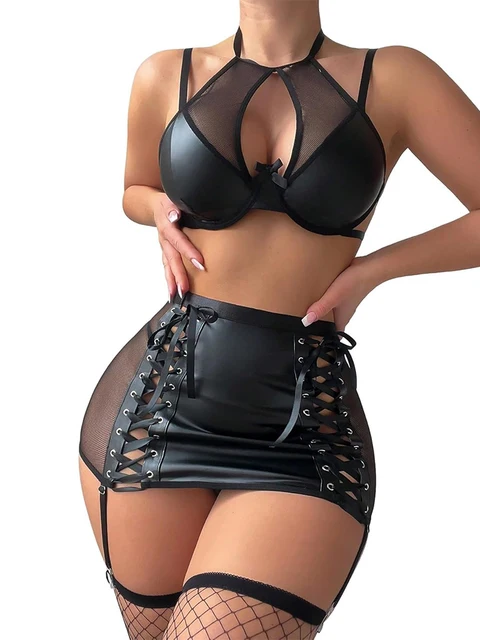 Sexy Dessous Outfit Spleißen Stoff Set Frauen Schwarze Unterwäsche Netzstrümpfe Perspektive Aushöhlen Kurzen Rock Intime Set 1