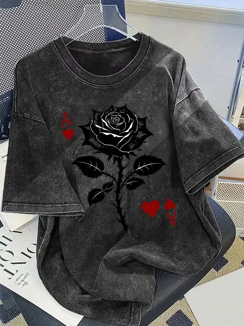 Ace of Hearts Black Rose Grafik-T-Shirt für Damen, Vintage-Waschung Dunkelgrauer Druck Locker Sitzendes Lässiges Kurzarm-Sommer-Oberteil für den Alltag