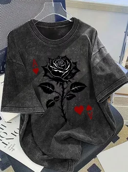 Ace of Hearts Black Rose Graphic Women's T-Shirt, Vintage Washed Dark Grey Print Loose Casual Short Sleeve Summer Top Daily Wear
