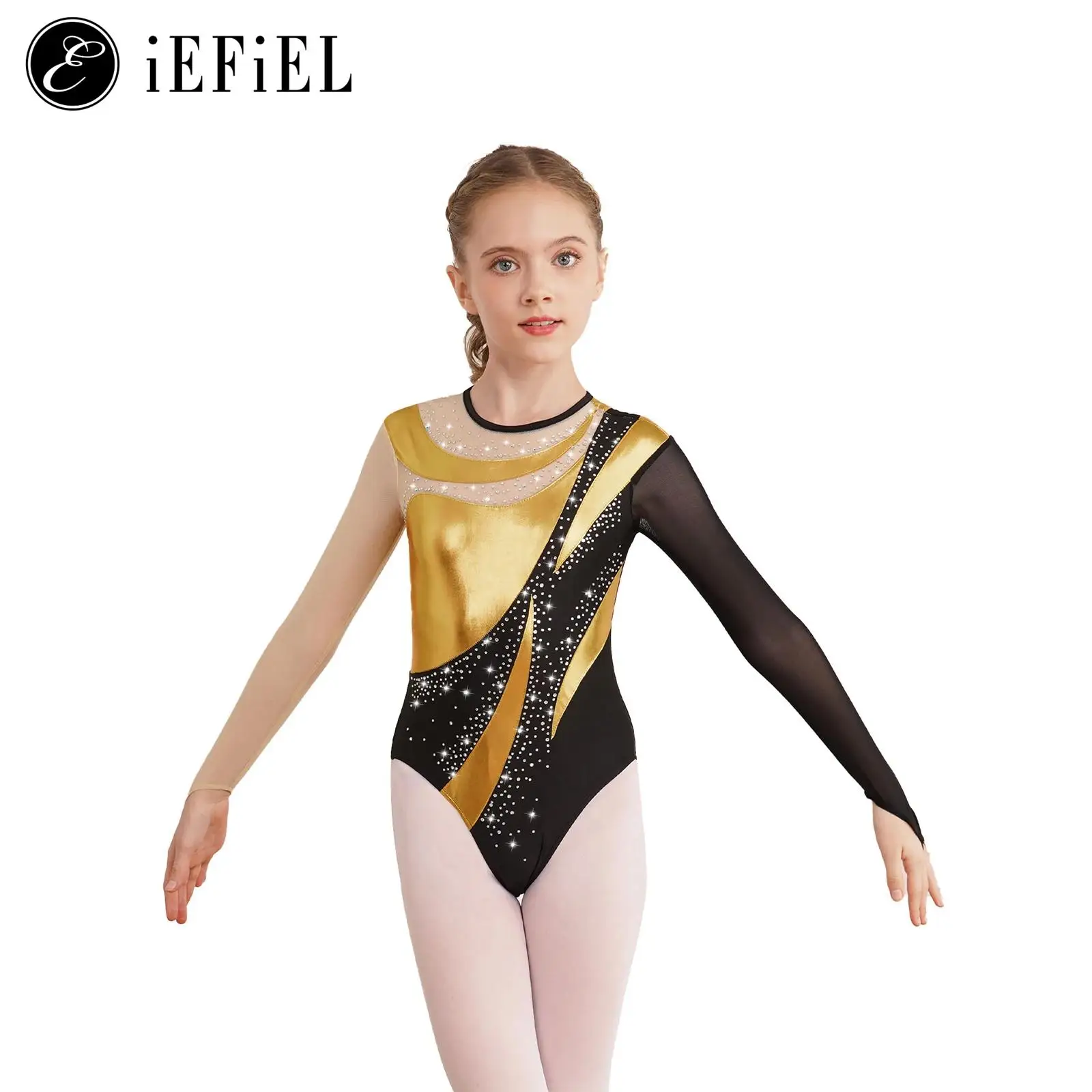 

Kids Girls Shiny Diamond Ballet Dance Gymnastics Leotards One Piece Long Sleeve Figure Ice Skating Competition Bodysuit Jumpsuit