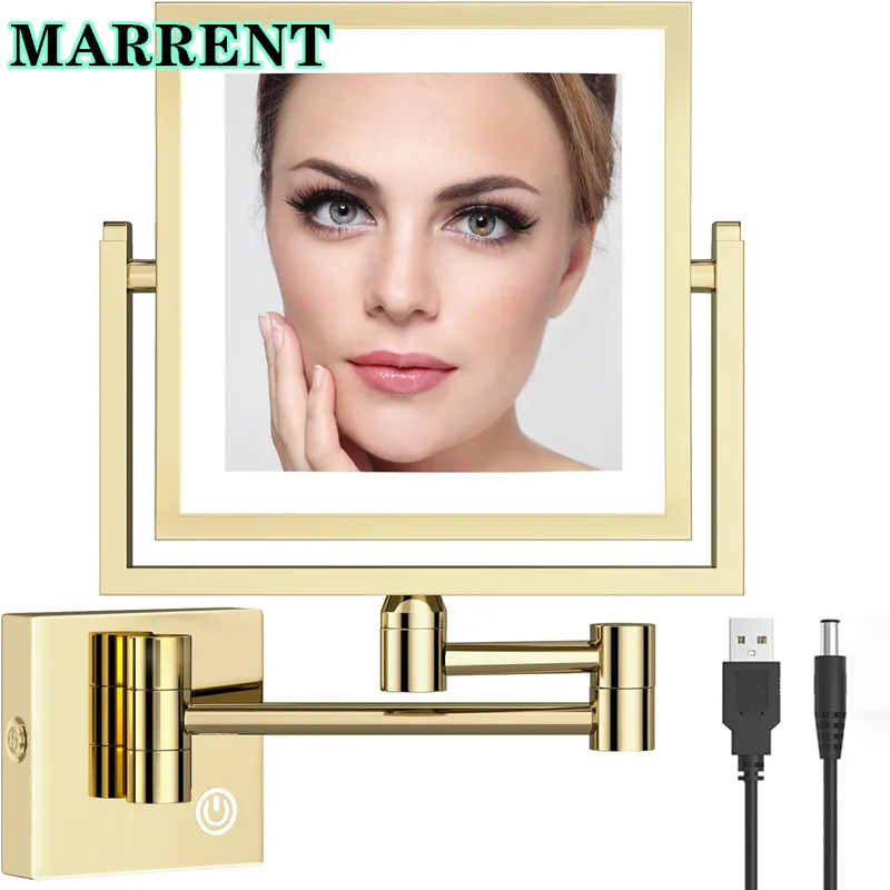 กระจกห้องน้ำพับได้แบบสัมผัสสี่เหลี่ยมพร้อม3X อุปกรณ์เสริมในห้องน้ำกระจกแต่งหน้ามีไฟ LED กระจกห้องน้ำ 1